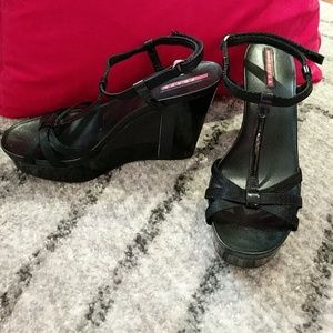 Prada Vernice Ribbon Strappy Wedge - Nero